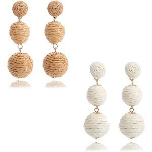 Boho Double Ball Drop Earrings – Woven Rattan Statement Earrings, Set of 2 pair
